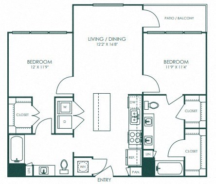 Floor plan for 2 beds, 2 baths, 1021 sqft